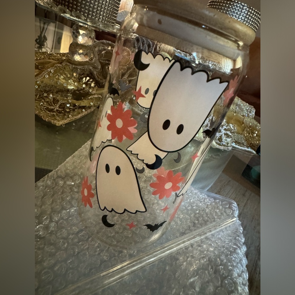 Halloween Trendy Glass Cup w/ Straw : Ghosts/Flowers/Bats